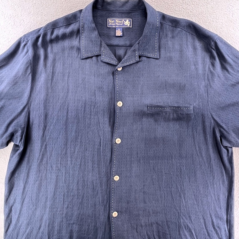 Nat Nast Men Camp Shirt Silk Rayon XL Solo Sailing Around the World Navy Blue